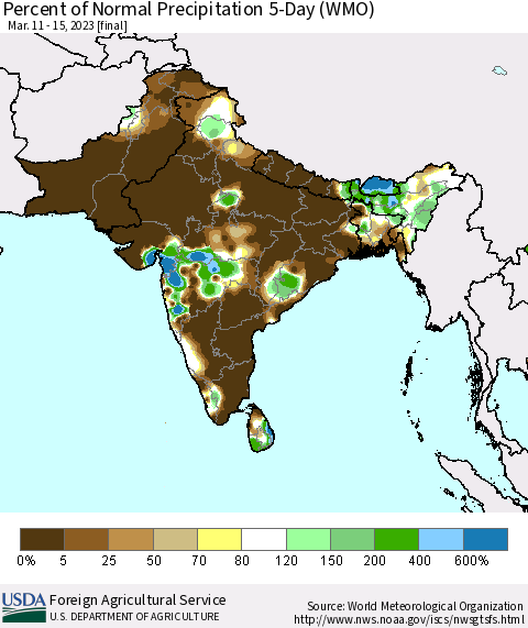 Southern Asia Percent of Normal Precipitation 5-Day (WMO) Thematic Map For 3/11/2023 - 3/15/2023
