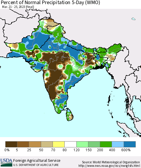 Southern Asia Percent of Normal Precipitation 5-Day (WMO) Thematic Map For 3/21/2023 - 3/25/2023