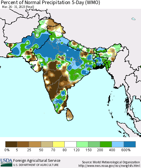 Southern Asia Percent of Normal Precipitation 5-Day (WMO) Thematic Map For 3/26/2023 - 3/31/2023