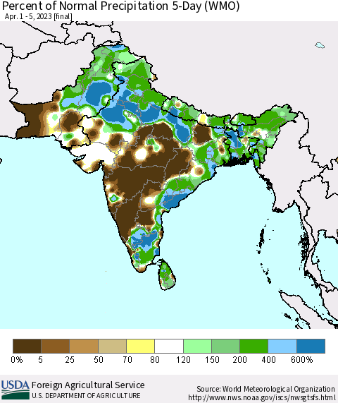 Southern Asia Percent of Normal Precipitation 5-Day (WMO) Thematic Map For 4/1/2023 - 4/5/2023