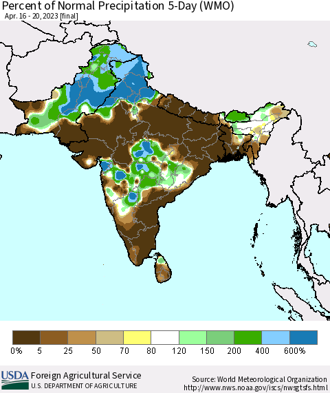 Southern Asia Percent of Normal Precipitation 5-Day (WMO) Thematic Map For 4/16/2023 - 4/20/2023