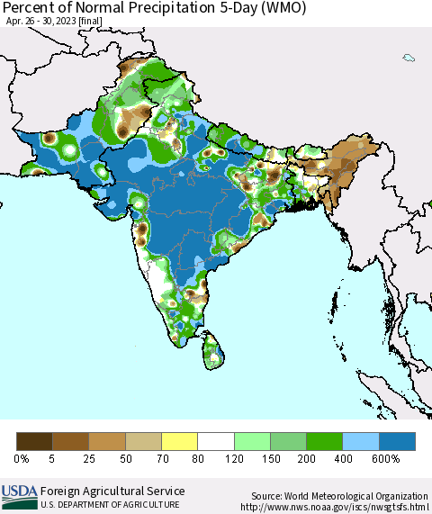 Southern Asia Percent of Normal Precipitation 5-Day (WMO) Thematic Map For 4/26/2023 - 4/30/2023