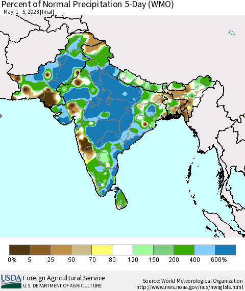 Southern Asia Percent of Normal Precipitation 5-Day (WMO) Thematic Map For 5/1/2023 - 5/5/2023