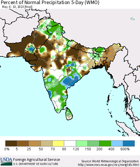 Southern Asia Percent of Normal Precipitation 5-Day (WMO) Thematic Map For 5/6/2023 - 5/10/2023