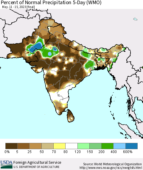 Southern Asia Percent of Normal Precipitation 5-Day (WMO) Thematic Map For 5/11/2023 - 5/15/2023