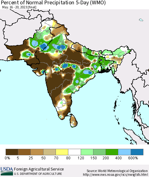 Southern Asia Percent of Normal Precipitation 5-Day (WMO) Thematic Map For 5/16/2023 - 5/20/2023