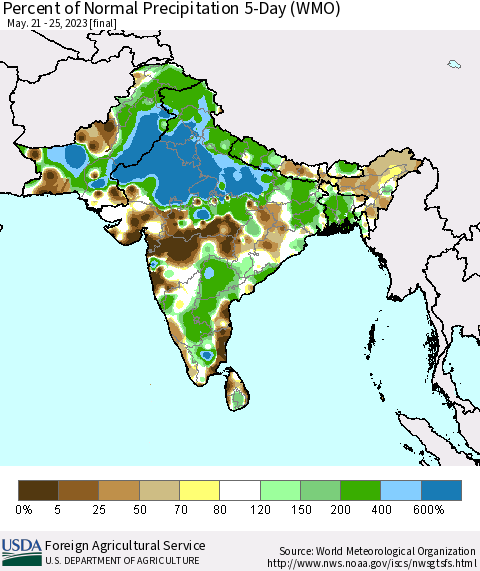 Southern Asia Percent of Normal Precipitation 5-Day (WMO) Thematic Map For 5/21/2023 - 5/25/2023