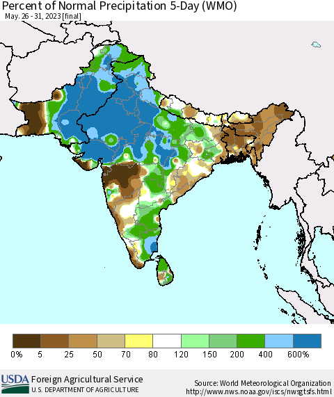 Southern Asia Percent of Normal Precipitation 5-Day (WMO) Thematic Map For 5/26/2023 - 5/31/2023