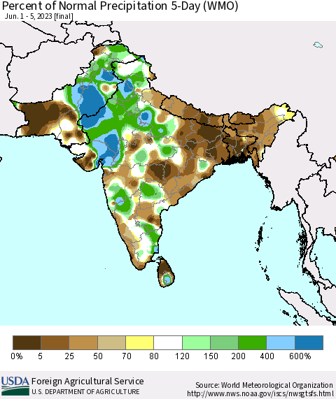 Southern Asia Percent of Normal Precipitation 5-Day (WMO) Thematic Map For 6/1/2023 - 6/5/2023