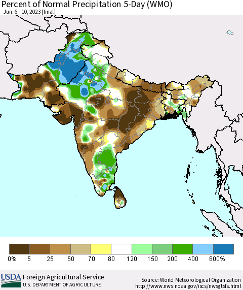 Southern Asia Percent of Normal Precipitation 5-Day (WMO) Thematic Map For 6/6/2023 - 6/10/2023