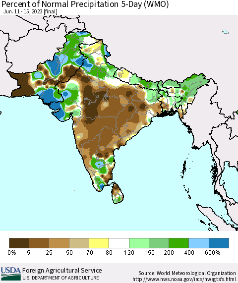 Southern Asia Percent of Normal Precipitation 5-Day (WMO) Thematic Map For 6/11/2023 - 6/15/2023