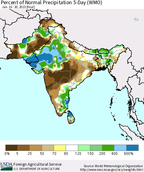 Southern Asia Percent of Normal Precipitation 5-Day (WMO) Thematic Map For 6/16/2023 - 6/20/2023