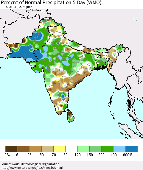 Southern Asia Percent of Normal Precipitation 5-Day (WMO) Thematic Map For 6/26/2023 - 6/30/2023