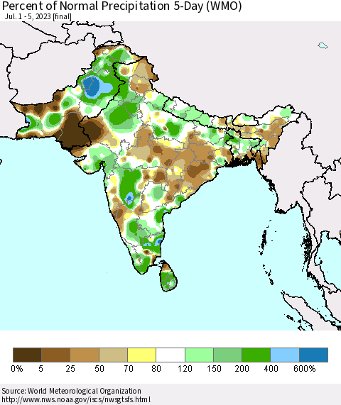 Southern Asia Percent of Normal Precipitation 5-Day (WMO) Thematic Map For 7/1/2023 - 7/5/2023