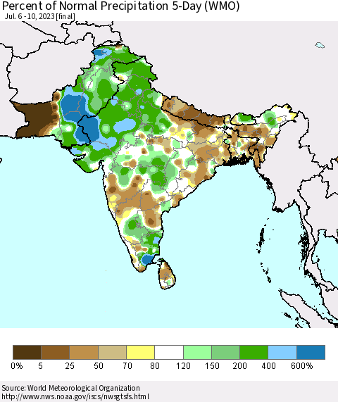 Southern Asia Percent of Normal Precipitation 5-Day (WMO) Thematic Map For 7/6/2023 - 7/10/2023