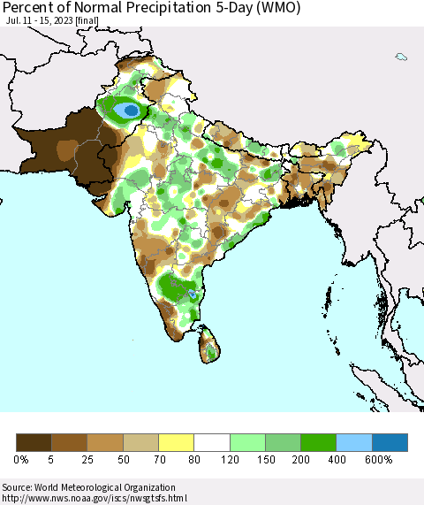 Southern Asia Percent of Normal Precipitation 5-Day (WMO) Thematic Map For 7/11/2023 - 7/15/2023
