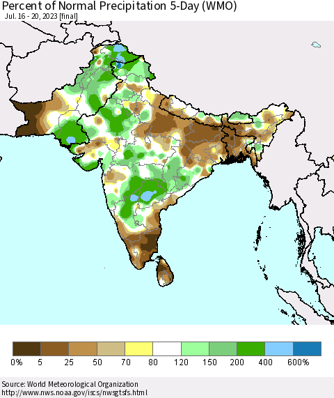 Southern Asia Percent of Normal Precipitation 5-Day (WMO) Thematic Map For 7/16/2023 - 7/20/2023