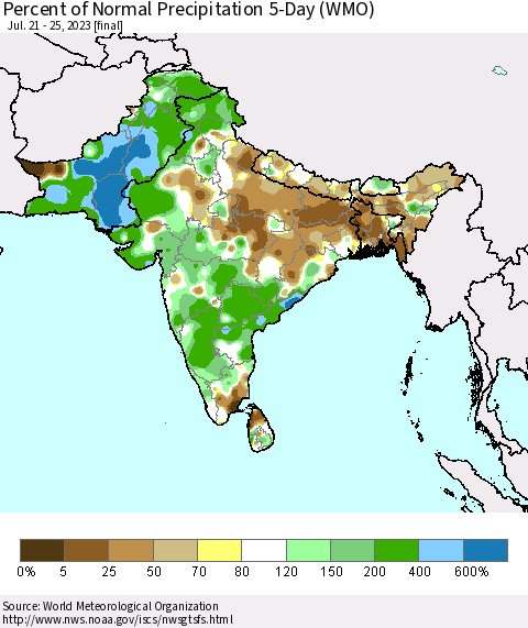 Southern Asia Percent of Normal Precipitation 5-Day (WMO) Thematic Map For 7/21/2023 - 7/25/2023