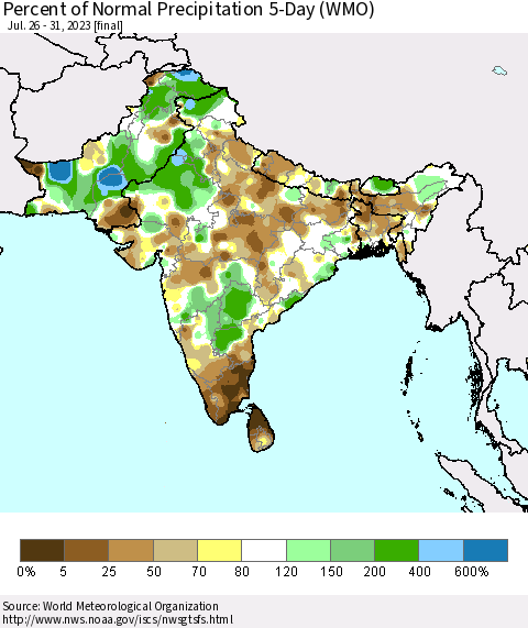 Southern Asia Percent of Normal Precipitation 5-Day (WMO) Thematic Map For 7/26/2023 - 7/31/2023