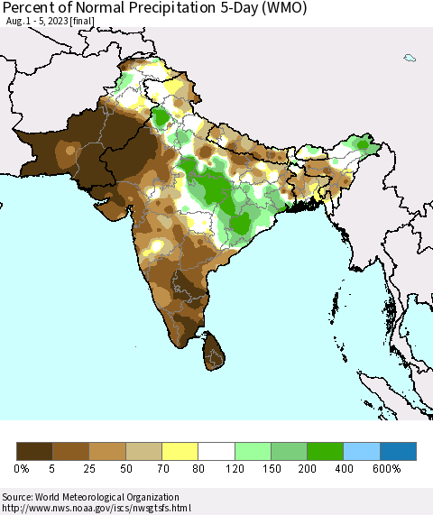 Southern Asia Percent of Normal Precipitation 5-Day (WMO) Thematic Map For 8/1/2023 - 8/5/2023