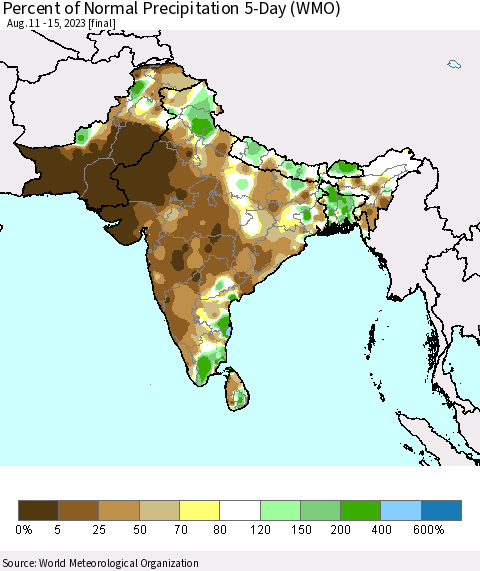Southern Asia Percent of Normal Precipitation 5-Day (WMO) Thematic Map For 8/11/2023 - 8/15/2023