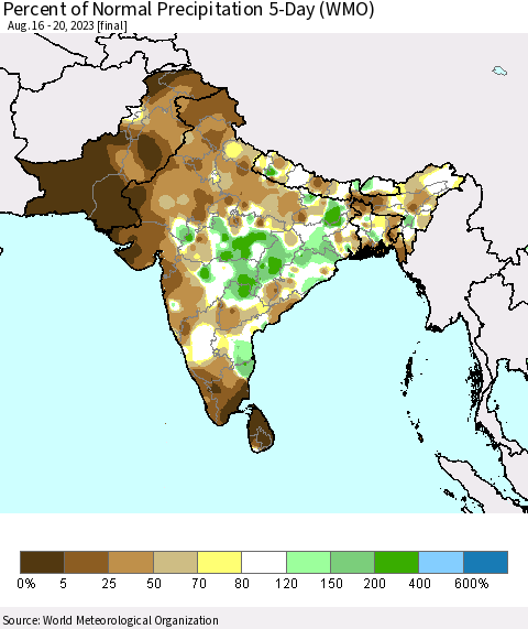 Southern Asia Percent of Normal Precipitation 5-Day (WMO) Thematic Map For 8/16/2023 - 8/20/2023
