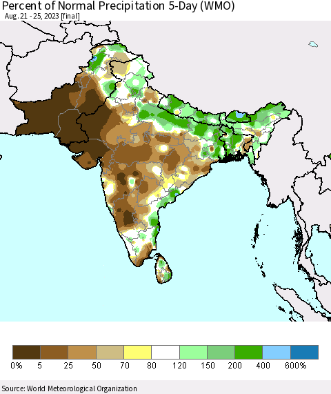 Southern Asia Percent of Normal Precipitation 5-Day (WMO) Thematic Map For 8/21/2023 - 8/25/2023