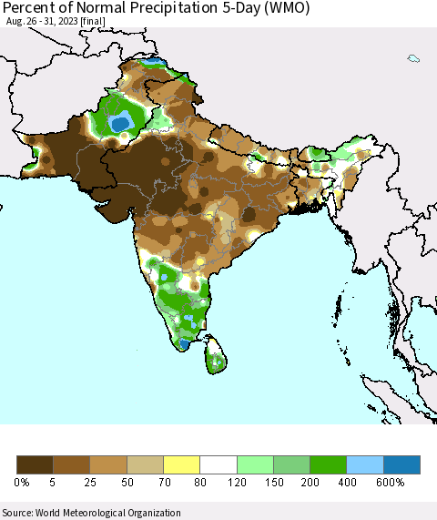 Southern Asia Percent of Normal Precipitation 5-Day (WMO) Thematic Map For 8/26/2023 - 8/31/2023