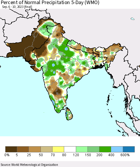 Southern Asia Percent of Normal Precipitation 5-Day (WMO) Thematic Map For 9/6/2023 - 9/10/2023