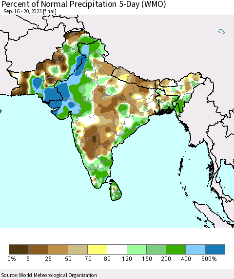 Southern Asia Percent of Normal Precipitation 5-Day (WMO) Thematic Map For 9/16/2023 - 9/20/2023