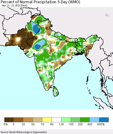Southern Asia Percent of Normal Precipitation 5-Day (WMO) Thematic Map For 9/21/2023 - 9/25/2023