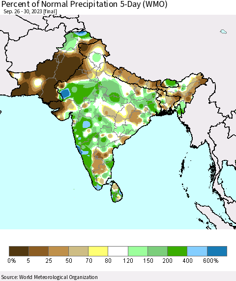 Southern Asia Percent of Normal Precipitation 5-Day (WMO) Thematic Map For 9/26/2023 - 9/30/2023