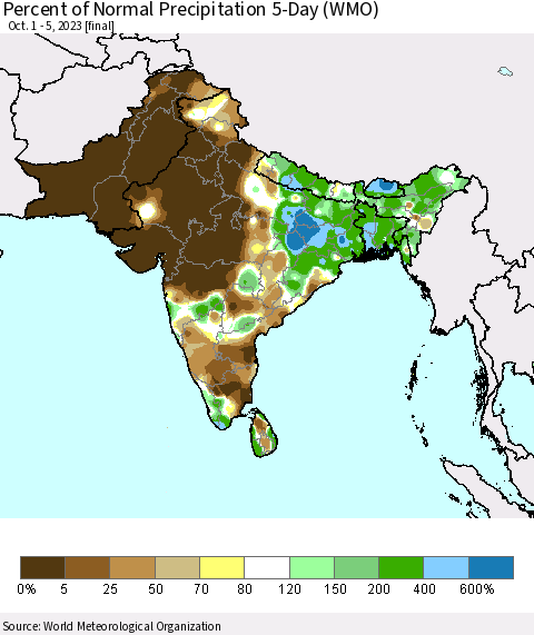 Southern Asia Percent of Normal Precipitation 5-Day (WMO) Thematic Map For 10/1/2023 - 10/5/2023