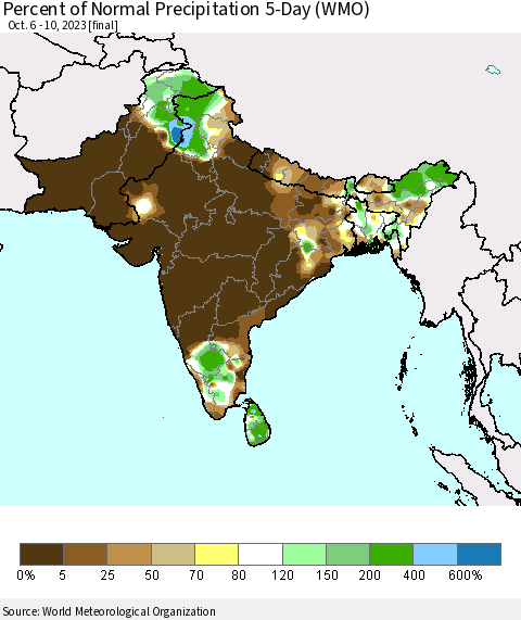 Southern Asia Percent of Normal Precipitation 5-Day (WMO) Thematic Map For 10/6/2023 - 10/10/2023