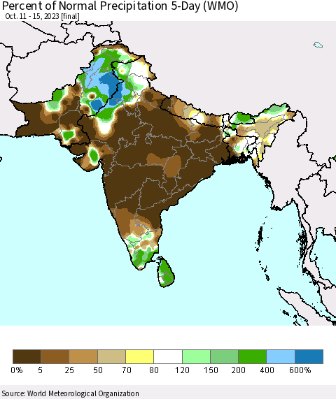 Southern Asia Percent of Normal Precipitation 5-Day (WMO) Thematic Map For 10/11/2023 - 10/15/2023