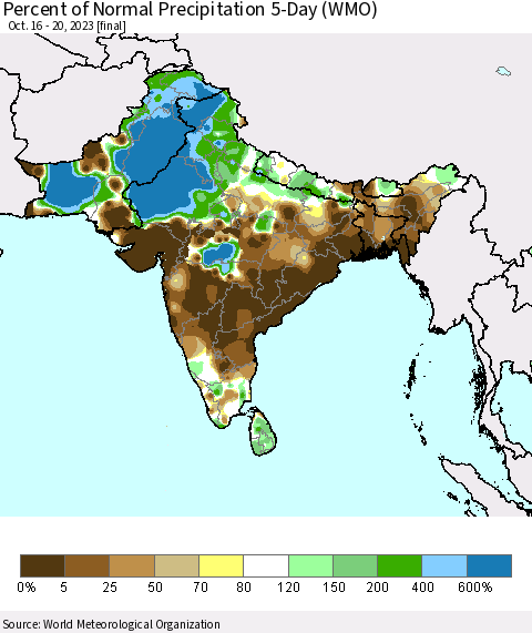 Southern Asia Percent of Normal Precipitation 5-Day (WMO) Thematic Map For 10/16/2023 - 10/20/2023