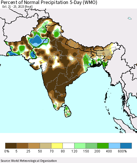 Southern Asia Percent of Normal Precipitation 5-Day (WMO) Thematic Map For 10/21/2023 - 10/25/2023