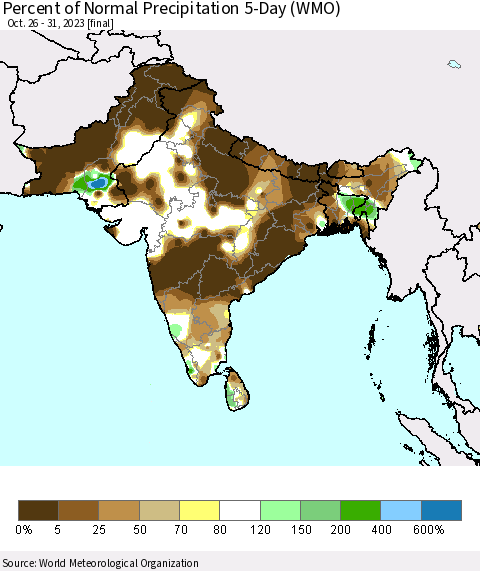 Southern Asia Percent of Normal Precipitation 5-Day (WMO) Thematic Map For 10/26/2023 - 10/31/2023
