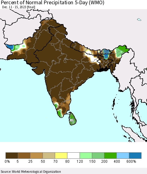 Southern Asia Percent of Normal Precipitation 5-Day (WMO) Thematic Map For 12/11/2023 - 12/15/2023