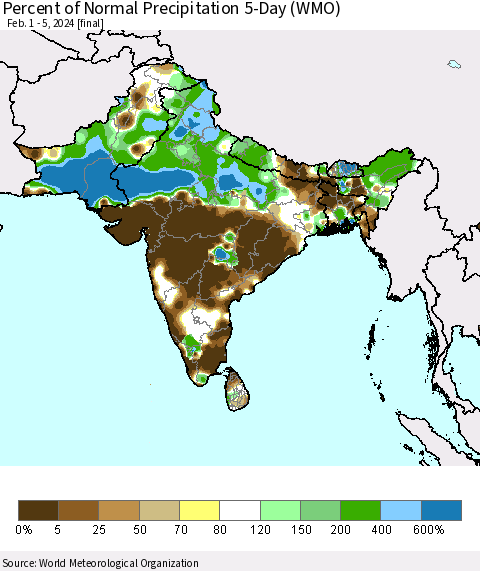 Southern Asia Percent of Normal Precipitation 5-Day (WMO) Thematic Map For 2/1/2024 - 2/5/2024