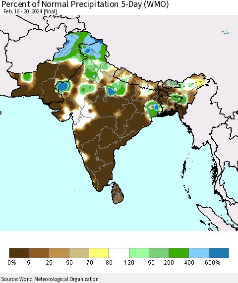 Southern Asia Percent of Normal Precipitation 5-Day (WMO) Thematic Map For 2/16/2024 - 2/20/2024