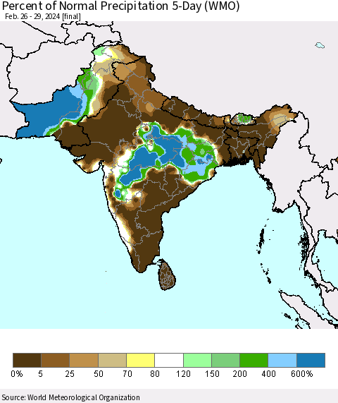 Southern Asia Percent of Normal Precipitation 5-Day (WMO) Thematic Map For 2/26/2024 - 2/29/2024