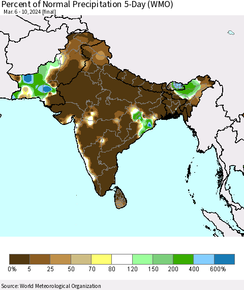 Southern Asia Percent of Normal Precipitation 5-Day (WMO) Thematic Map For 3/6/2024 - 3/10/2024