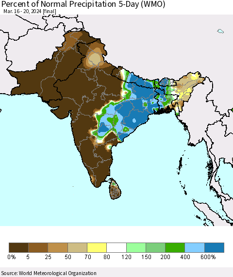 Southern Asia Percent of Normal Precipitation 5-Day (WMO) Thematic Map For 3/16/2024 - 3/20/2024