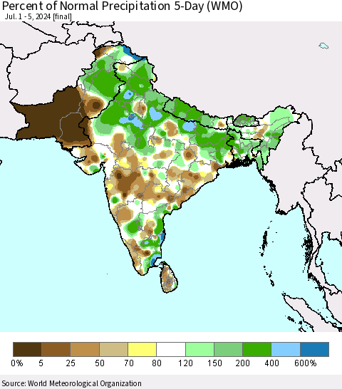 Southern Asia Percent of Normal Precipitation 5-Day (WMO) Thematic Map For 7/1/2024 - 7/5/2024