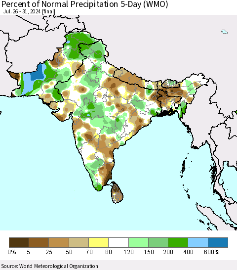 Southern Asia Percent of Normal Precipitation 5-Day (WMO) Thematic Map For 7/26/2024 - 7/31/2024