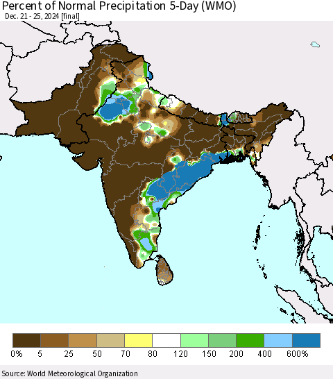 Southern Asia Percent of Normal Precipitation 5-Day (WMO) Thematic Map For 12/21/2024 - 12/25/2024