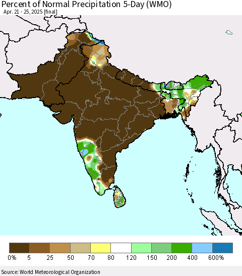 Southern Asia Percent of Normal Precipitation 5-Day (WMO) Thematic Map For 4/21/2025 - 4/25/2025