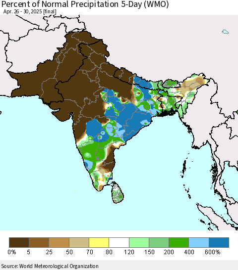 Southern Asia Percent of Normal Precipitation 5-Day (WMO) Thematic Map For 4/26/2025 - 4/30/2025