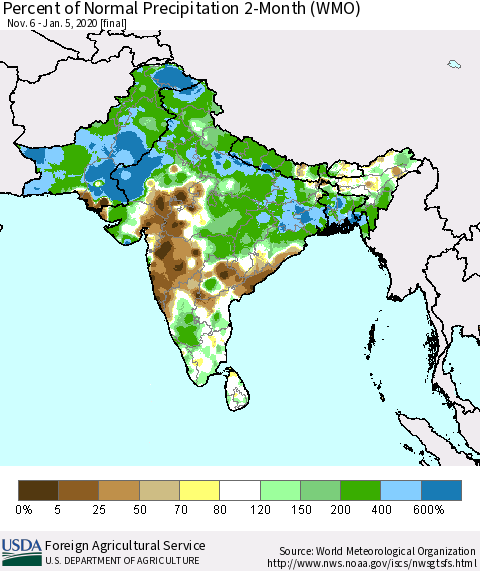 Southern Asia Percent of Normal Precipitation 2-Month (WMO) Thematic Map For 11/6/2019 - 1/5/2020